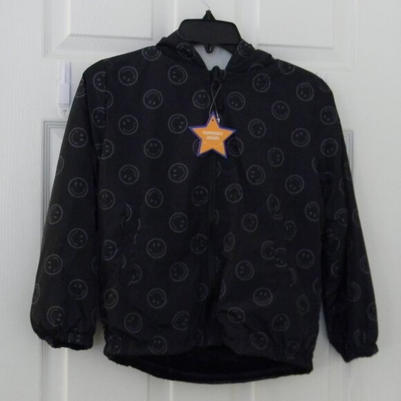Beau & Bear Girls Reversible Jacket Black Smiley Face Hooded Soft Fuzzy NWT - Picture 1 of 7